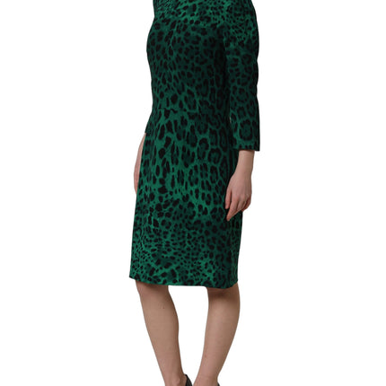 Dolce & Gabbana Green Leopard Print Silk Knee Length Dress