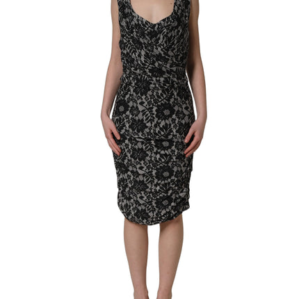 Dolce & Gabbana Black White Floral Lace Sleeveless Midi Dress