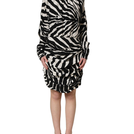 Dolce & Gabbana Black White Zebra Ruched Silk Mini Dress
