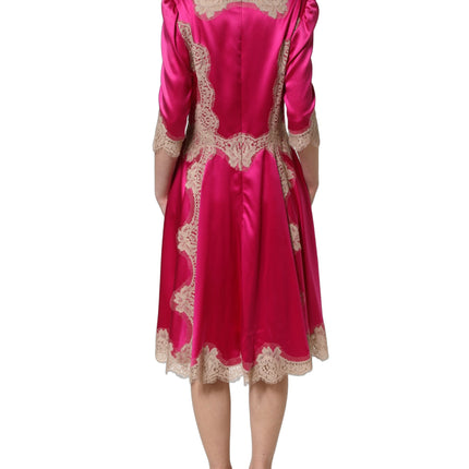 Dolce & Gabbana Fuchsia Pink Lace Detail A-line Midi Dress