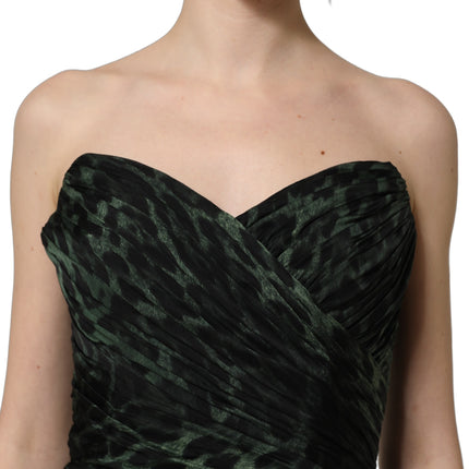 Dolce & Gabbana Green Leopard Print Bustier Draped Midi Dress