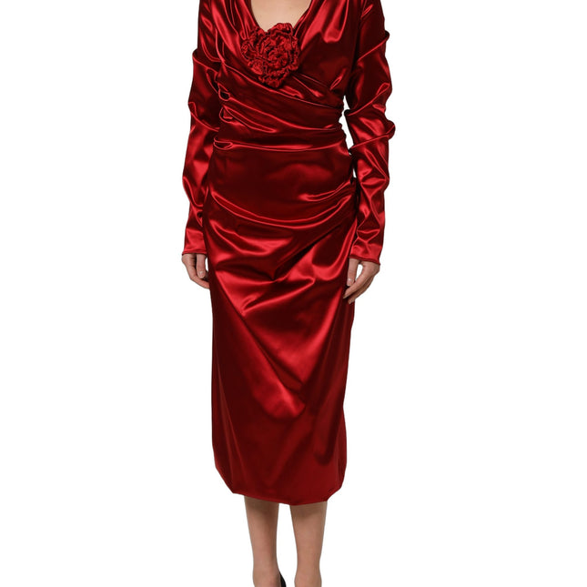 Dolce & Gabbana Red Silk Satin Draped Midi Floral Applique Dress