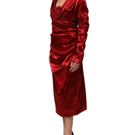 Dolce & Gabbana Red Silk Satin Draped Midi Floral Applique Dress