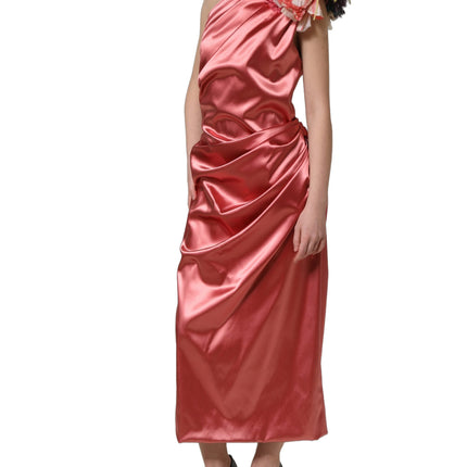 Dolce & Gabbana Pink Draped Midi Flower Appliques Dress