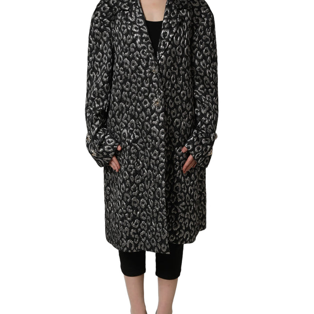 Dolce & Gabbana Black Silver Jacquard Leopard Coat Jacket