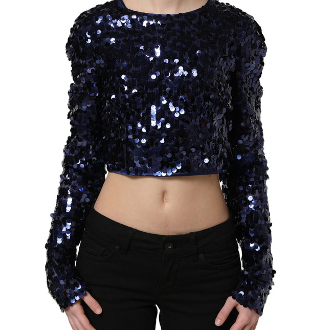 Dolce & Gabbana Blue Sequined Long Sleeves Crop Blouse Top