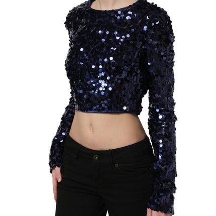 Dolce & Gabbana Blue Sequined Long Sleeves Crop Blouse Top