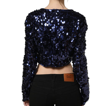 Dolce & Gabbana Blue Sequined Long Sleeves Crop Blouse Top
