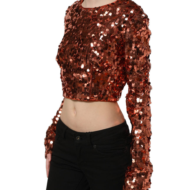 Dolce & Gabbana Red Sequined Long Sleeves Crop Blouse Top