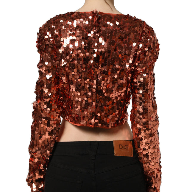 Dolce & Gabbana Red Sequined Long Sleeves Crop Blouse Top