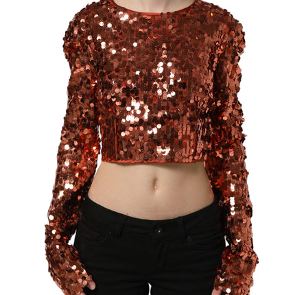 Dolce & Gabbana Red Sequined Long Sleeves Crop Blouse Top