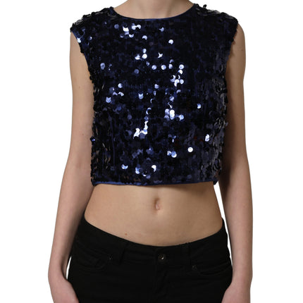 Dolce & Gabbana Blue Sequined Sleeveless Cropped Tank Top