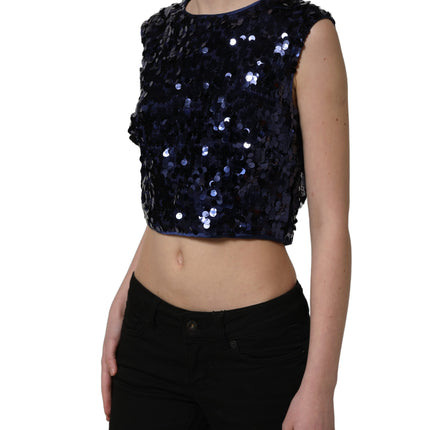 Dolce & Gabbana Blue Sequined Sleeveless Cropped Tank Top