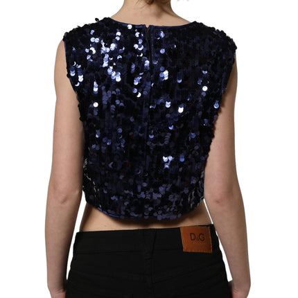 Dolce & Gabbana Blue Sequined Sleeveless Cropped Tank Top