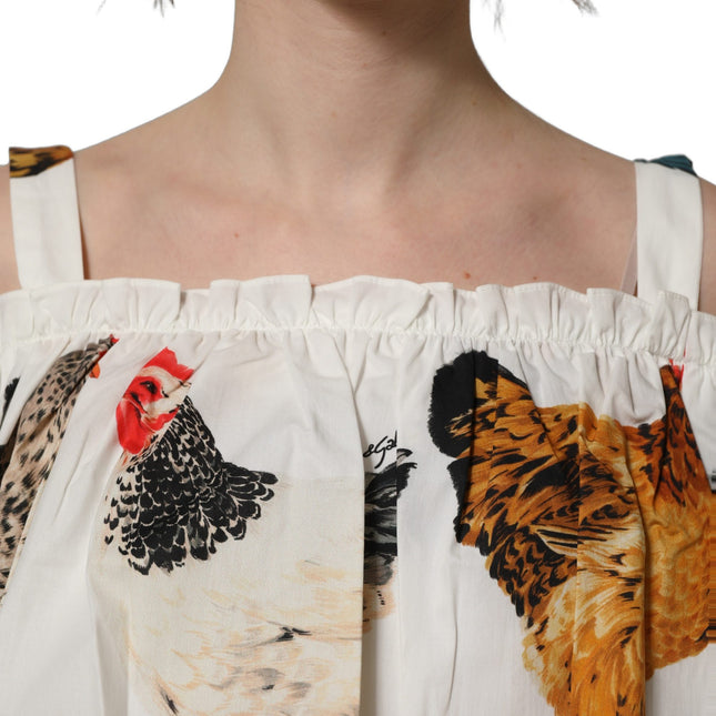 Dolce & Gabbana White Rooster Print Poplin Off The Shoulder Top