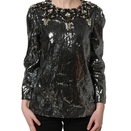 Dolce & Gabbana Metallic Gray Sequin Embellished Blouse Top
