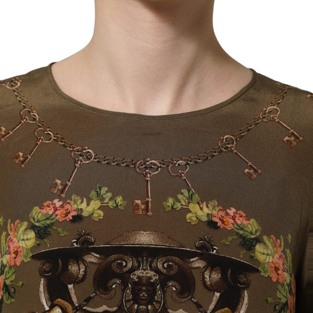 Dolce & Gabbana Brown Keys Roses Printed Silk Blouse Top