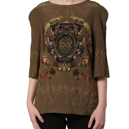 Dolce & Gabbana Brown Keys Roses Printed Silk Blouse Top