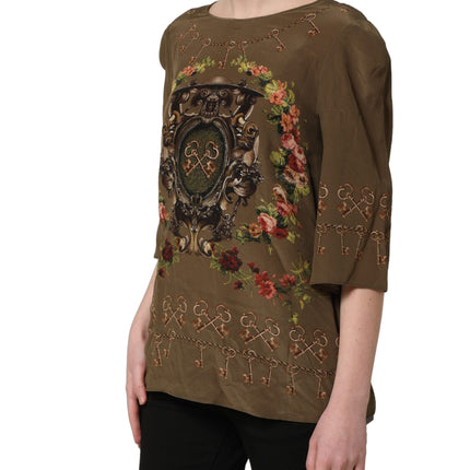 Dolce & Gabbana Brown Keys Roses Printed Silk Blouse Top