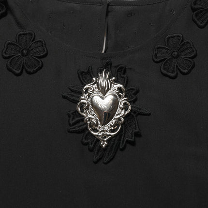 Dolce & Gabbana Black Floral Silk Heart Appliqué Blouse Top