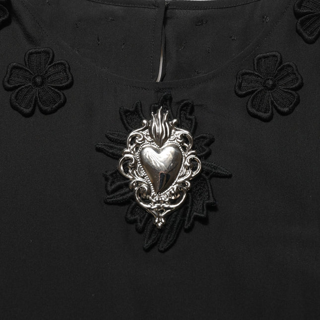 Dolce & Gabbana Black Floral Silk Heart Appliqué Blouse Top