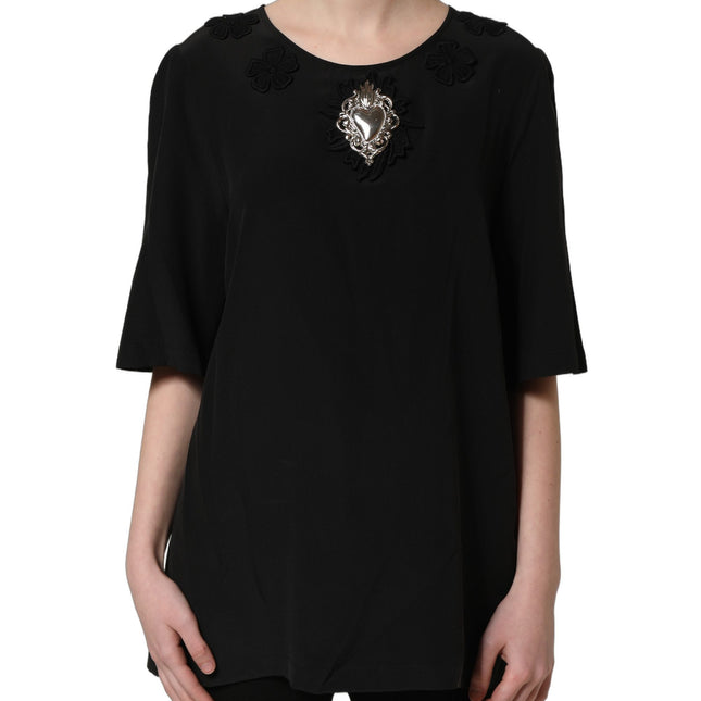 Dolce & Gabbana Black Floral Silk Heart Appliqué Blouse Top