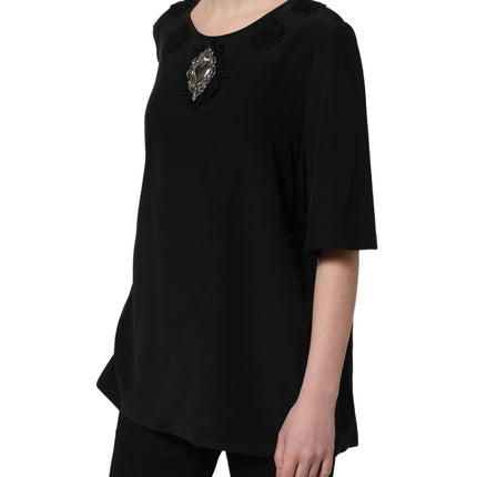 Dolce & Gabbana Black Floral Silk Heart Appliqué Blouse Top