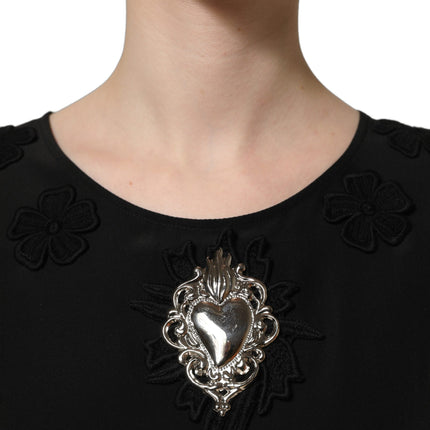 Dolce & Gabbana Black Floral Silk Heart Appliqué Blouse Top