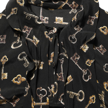 Dolce & Gabbana Black Keys Print Silk Tie Neck Blouse Top