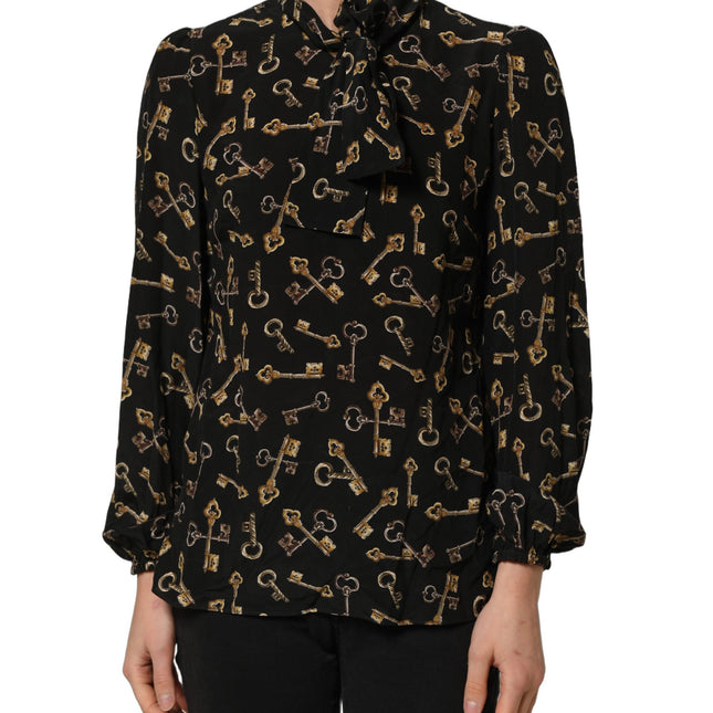 Dolce & Gabbana Black Keys Print Silk Tie Neck Blouse Top