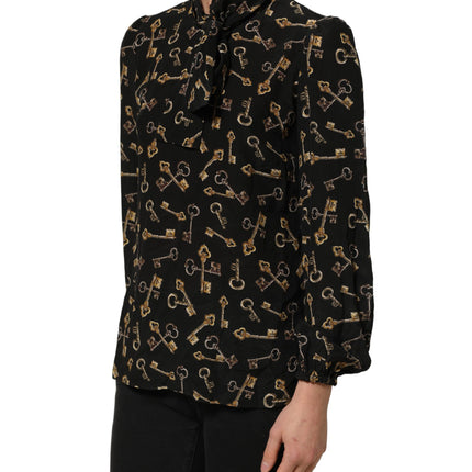 Dolce & Gabbana Black Keys Print Silk Tie Neck Blouse Top