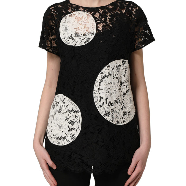 Dolce & Gabbana Black White Floral Lace Short Sleeve Blouse Top