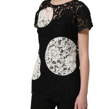 Dolce & Gabbana Black White Floral Lace Short Sleeve Blouse Top