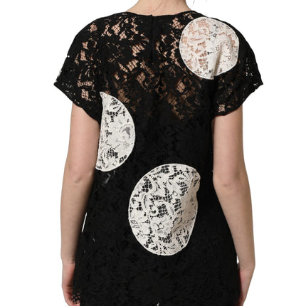 Dolce & Gabbana Black White Floral Lace Short Sleeve Blouse Top