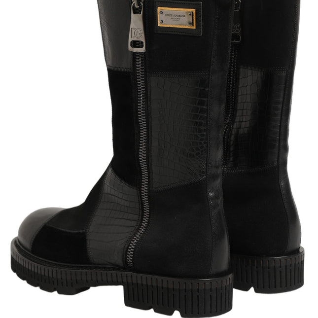 Dolce & Gabbana Black Patchwork Leather Mid Calf Boots Shoes
