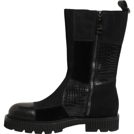 Dolce & Gabbana Black Patchwork Leather Mid Calf Boots Shoes