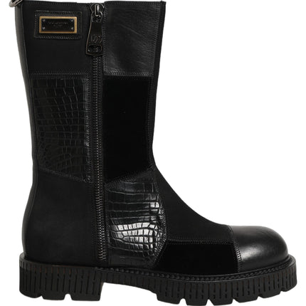 Dolce & Gabbana Black Patchwork Leather Mid Calf Boots Shoes