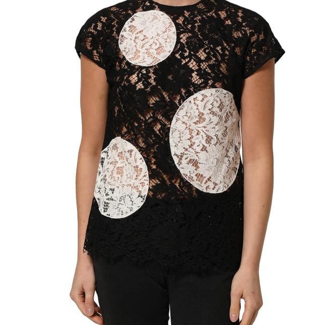 Dolce & Gabbana Black White Floral Lace Short Sleeve Blouse Top