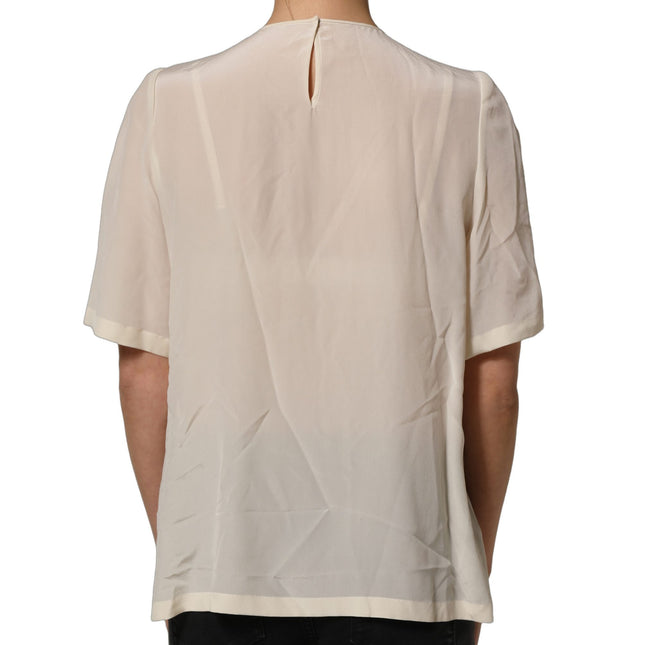 Dolce & Gabbana Beige Lace Trim Bow Short Sleeves Blouse Top