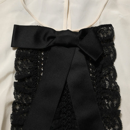 Dolce & Gabbana Beige Lace Trim Bow Short Sleeves Blouse Top