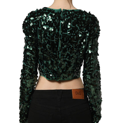 Dolce & Gabbana Green Sequined Long Sleeves Crop Blouse Top