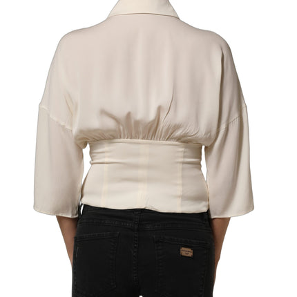 Dolce & Gabbana Off White Ascot Collar Long Sleeves Blouse Top