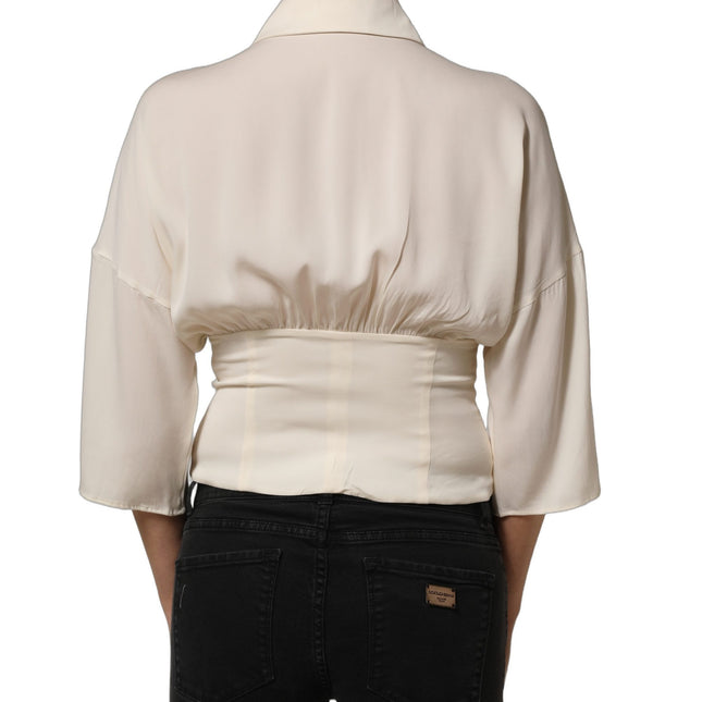 Dolce & Gabbana Off White Ascot Collar Long Sleeves Blouse Top