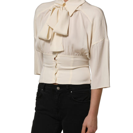 Dolce & Gabbana Off White Ascot Collar Long Sleeves Blouse Top