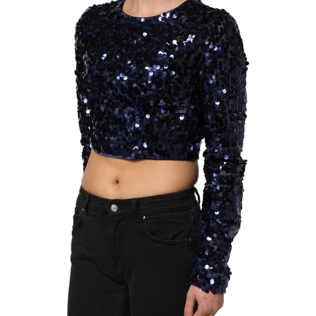 Dolce & Gabbana Blue Sequined Long Sleeves Crop Blouse Top