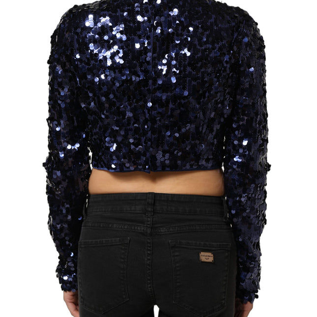 Dolce & Gabbana Blue Sequined Long Sleeves Crop Blouse Top