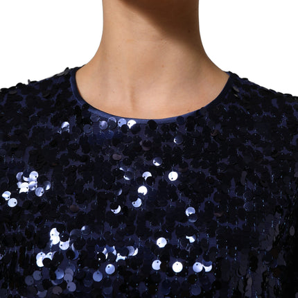 Dolce & Gabbana Blue Sequined Long Sleeves Crop Blouse Top