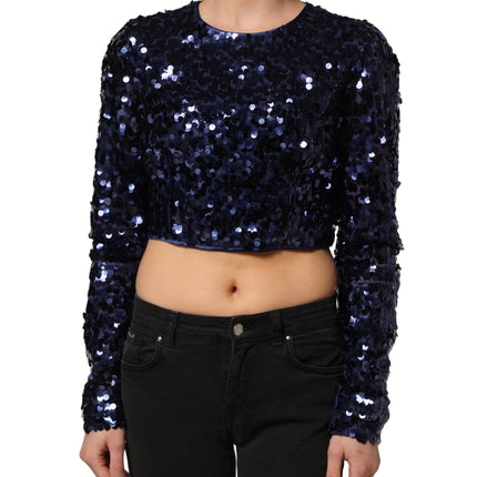 Dolce & Gabbana Blue Sequined Long Sleeves Crop Blouse Top