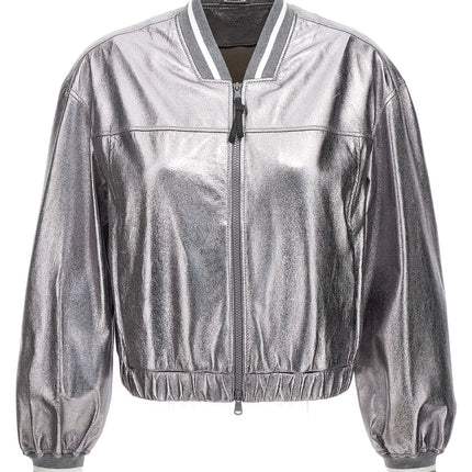 Brunello Cucinelli Silver Leather Bomber