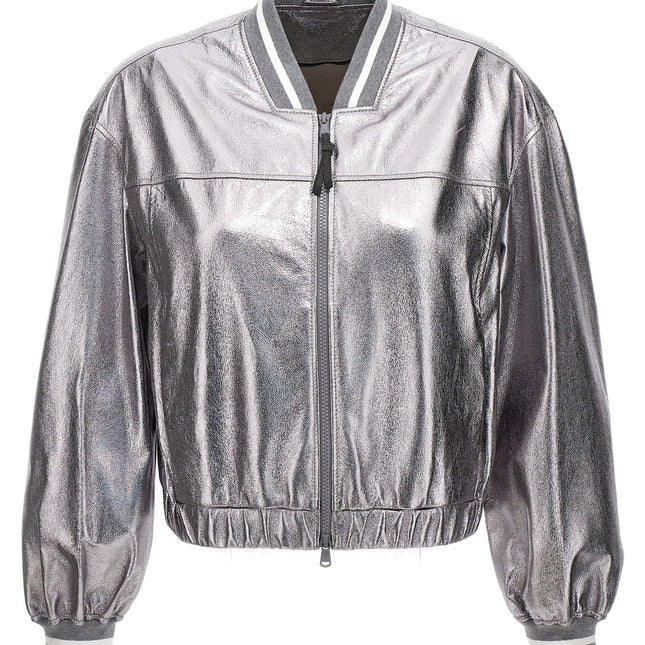 Brunello Cucinelli Silver Leather Bomber